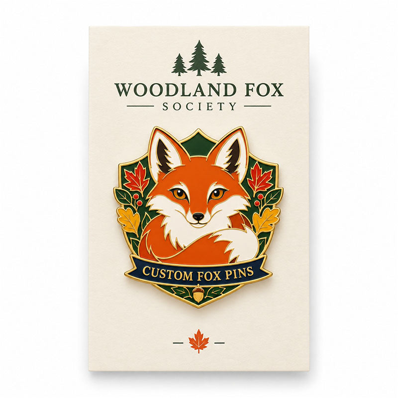Orange fox enamel pin displayed on a cream Woodland Fox Society backing card