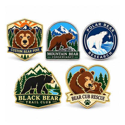 Five bear pin designs featuring brown, black, and polar bears in nature-themed settings