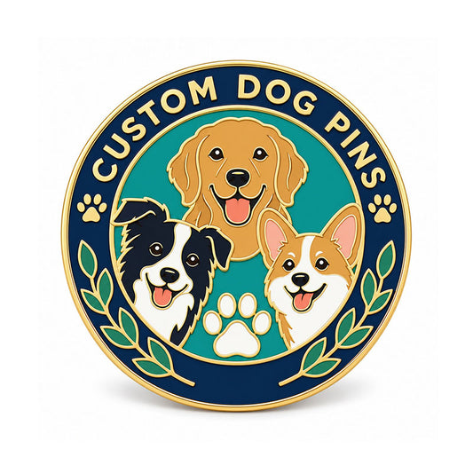 Gold dog pin with retriever, border collie, and corgi portraits framed by navy enamel