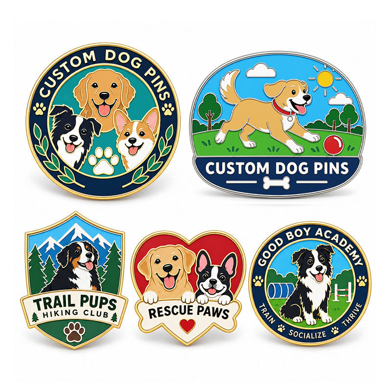 Five dog pin designs featuring breed portraits, play, hiking, rescue, and training themes