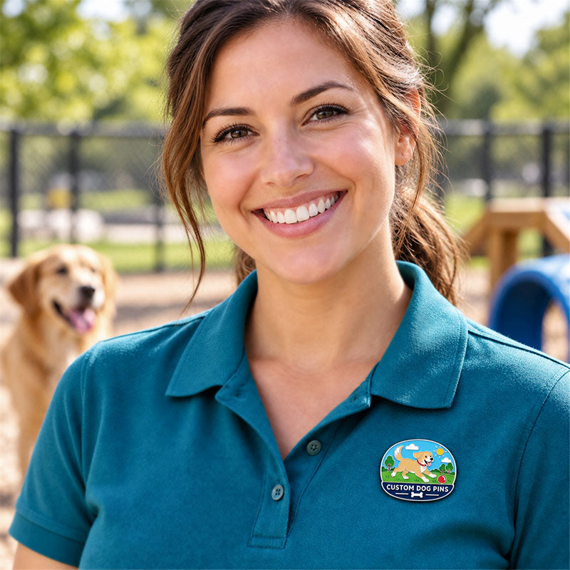 Woman wearing a running dog enamel pin on a teal polo shirt in an outdoor dog park