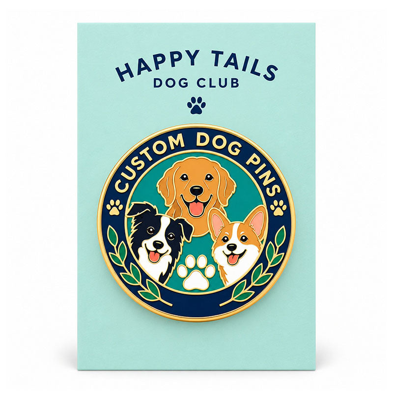Round three-dog enamel pin displayed on a mint Happy Tails Dog Club backing card