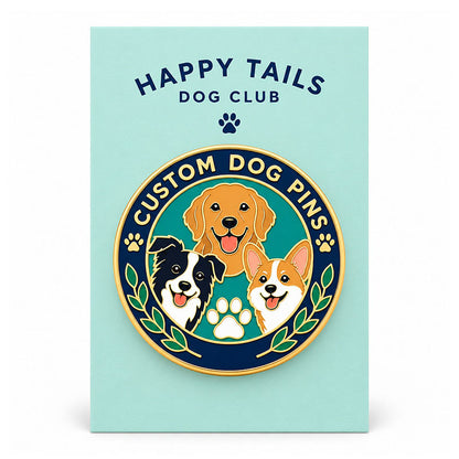 Round three-dog enamel pin displayed on a mint Happy Tails Dog Club backing card