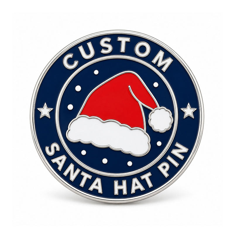 Round silver Santa hat pin with a red hat, navy enamel border, and white stars