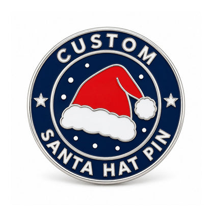 Round silver Santa hat pin with a red hat, navy enamel border, and white stars