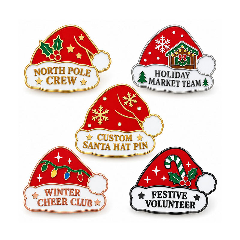 Five Santa hat pin designs with festive text, holly, snowflakes, and holiday decorations