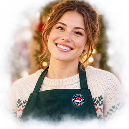 Woman wearing a round Santa hat pin on a green apron over a cream holiday sweater