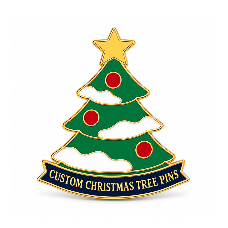 Gold Christmas tree pin with green enamel, red ornaments, snow, and a navy text banner