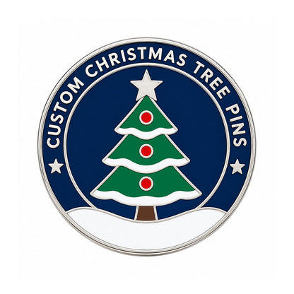 Round silver Christmas tree pin with green branches, red ornaments, and a navy border