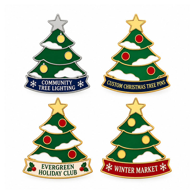 Four Christmas tree pin examples with snow-covered branches and different text banners