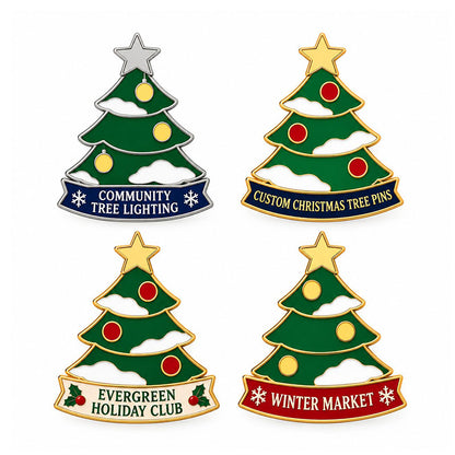 Four Christmas tree pin examples with snow-covered branches and different text banners