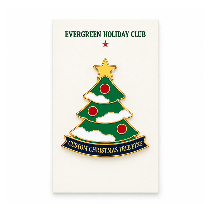Green Christmas tree enamel pin displayed on an Evergreen Holiday Club backing card