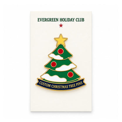 Green Christmas tree enamel pin displayed on an Evergreen Holiday Club backing card