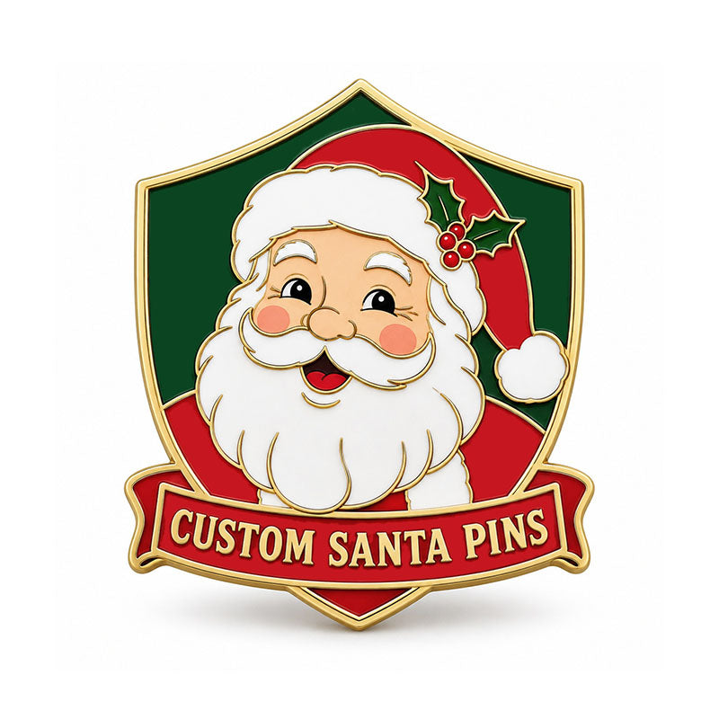Gold Santa pin with a smiling Santa portrait, holly, green shield, and red text banner