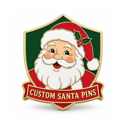 Gold Santa pin with a smiling Santa portrait, holly, green shield, and red text banner