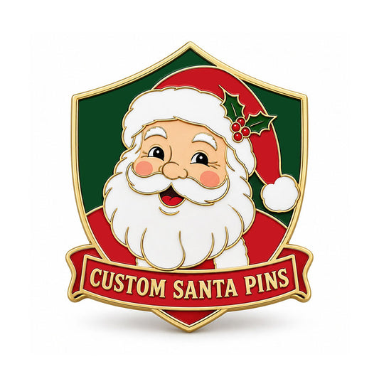 Gold Santa pin with a smiling Santa portrait, holly, green shield, and red text banner