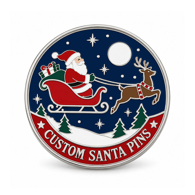 Round silver Santa pin depicting a sleigh and reindeer against a moonlit winter sky