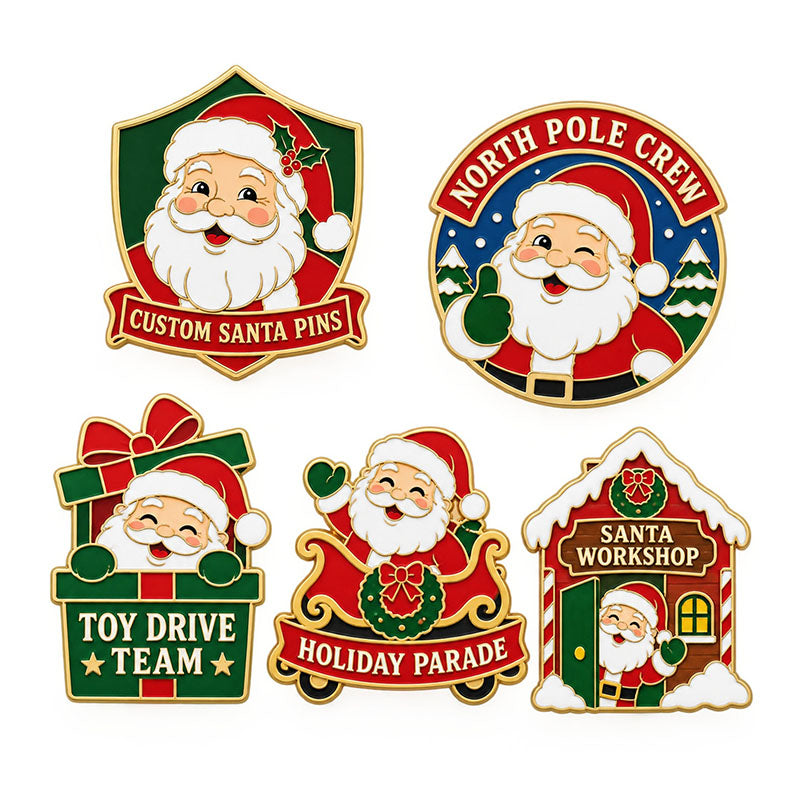 Five Santa pin designs featuring a portrait, toy drive, sleigh, and snowy workshop