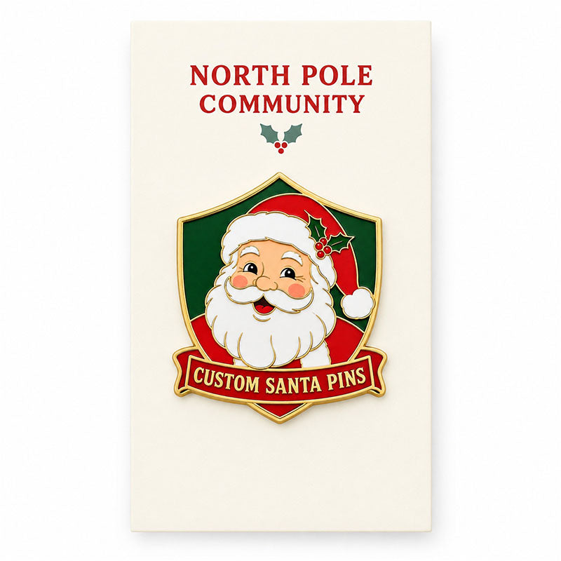 Santa portrait enamel pin mounted on a cream North Pole Community backing card