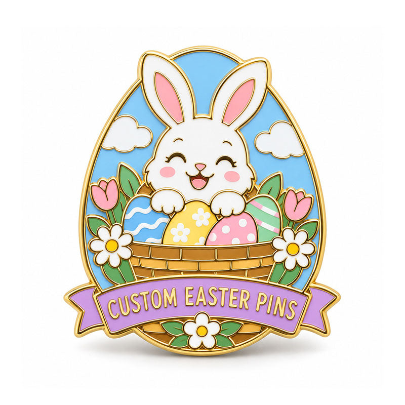 Gold Easter pin with a smiling bunny, basket of pastel eggs, flowers, and lavender banner