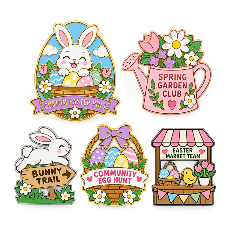 Five Easter pin designs featuring a bunny, flowers, egg basket, and spring market stall
