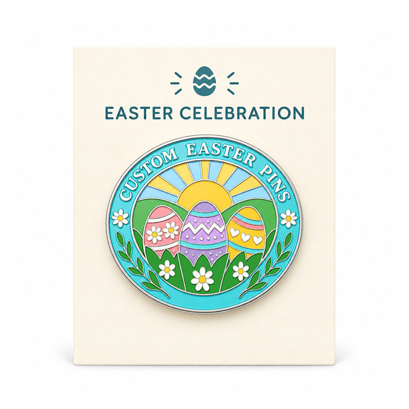Pastel Easter egg enamel pin displayed on a cream Easter Celebration backing card
