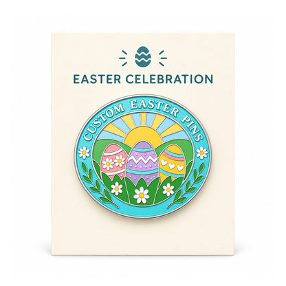 Pastel Easter egg enamel pin displayed on a cream Easter Celebration backing card