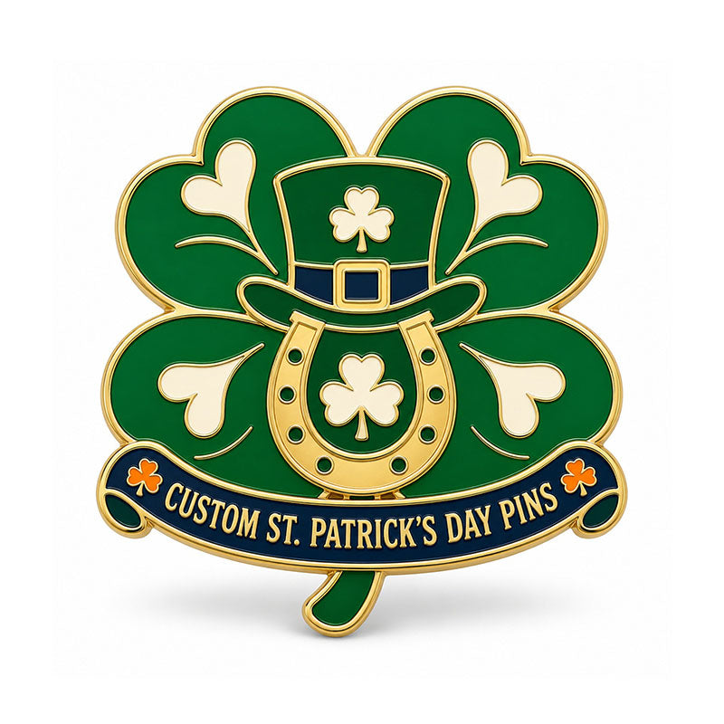 Gold St. Patrick's Day pin with green clover, leprechaun hat, horseshoe, and navy banner