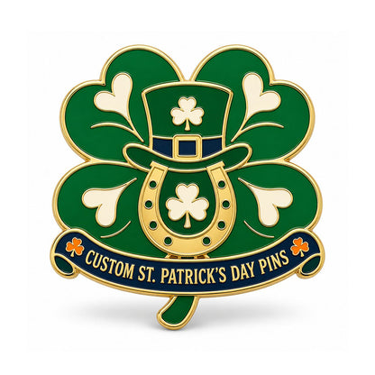 Gold St. Patrick's Day pin with green clover, leprechaun hat, horseshoe, and navy banner
