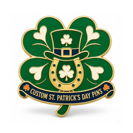 Gold St. Patrick's Day pin with green clover, leprechaun hat, horseshoe, and navy banner