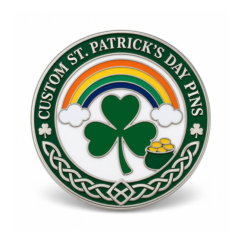Round silver St. Patrick's Day pin with shamrock, rainbow, gold coins, and Celtic border