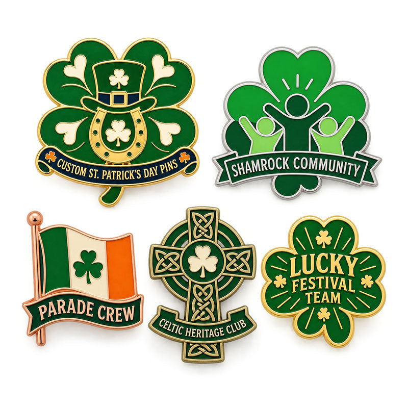 Five St. Patrick's Day pin designs with clovers, Irish flag, horseshoe, and Celtic cross