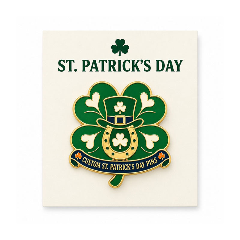 Green clover and horseshoe enamel pin displayed on a St. Patrick's Day backing card