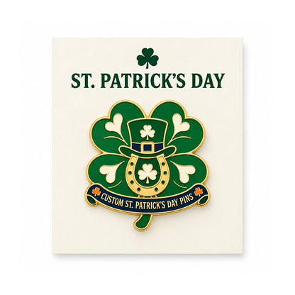 Green clover and horseshoe enamel pin displayed on a St. Patrick's Day backing card