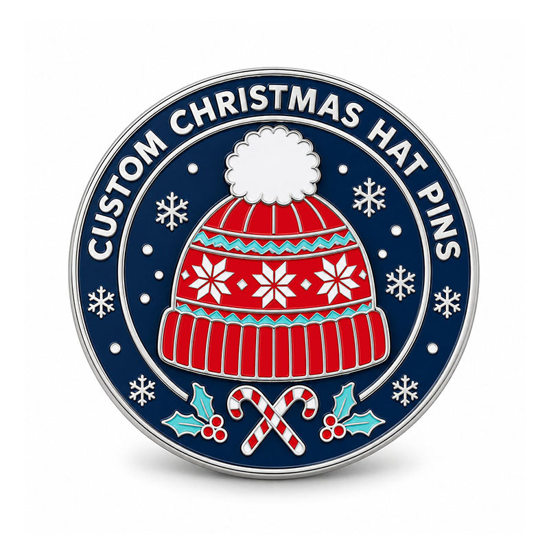 Round silver Christmas hat pin with red knit hat, snowflakes, holly, and candy canes