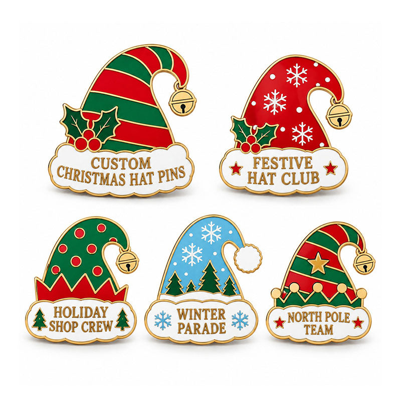 Five Christmas hat pin designs with stripes, snowflakes, trees, bells, and festive text