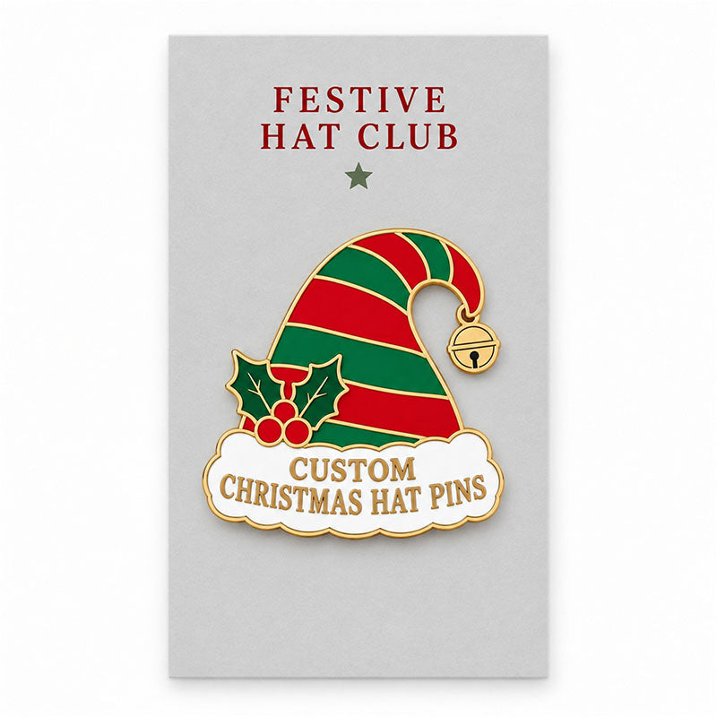 Striped Christmas hat enamel pin displayed on a white Festive Hat Club backing card