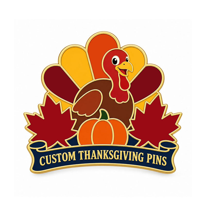 Gold Thanksgiving pin with a turkey, pumpkin, autumn leaves, and navy text banner