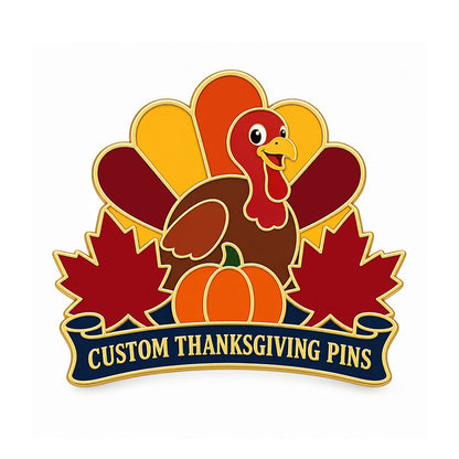 Gold Thanksgiving pin with a turkey, pumpkin, autumn leaves, and navy text banner