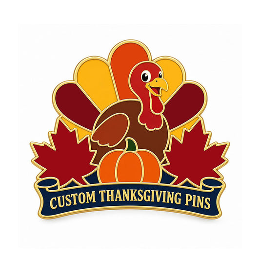 Gold Thanksgiving pin with a turkey, pumpkin, autumn leaves, and navy text banner