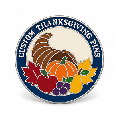 Round silver Thanksgiving pin with cornucopia, pumpkin, fruit, leaves, and navy border