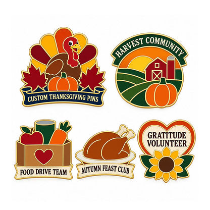 Five Thanksgiving pin designs featuring a turkey, harvest, food donation, and gratitude