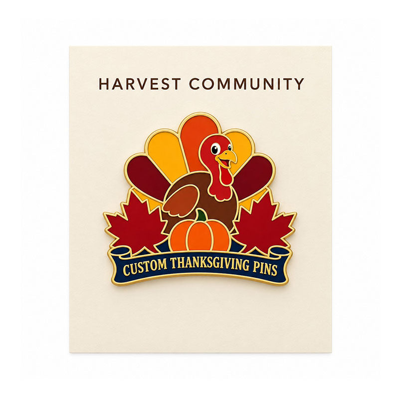 Turkey and pumpkin enamel pin displayed on a cream Harvest Community backing card