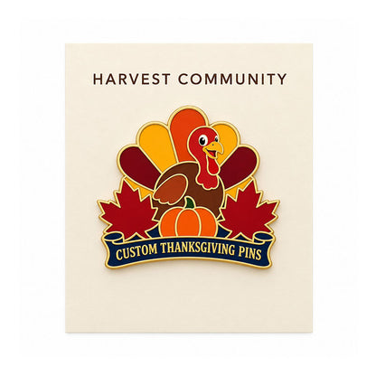 Turkey and pumpkin enamel pin displayed on a cream Harvest Community backing card