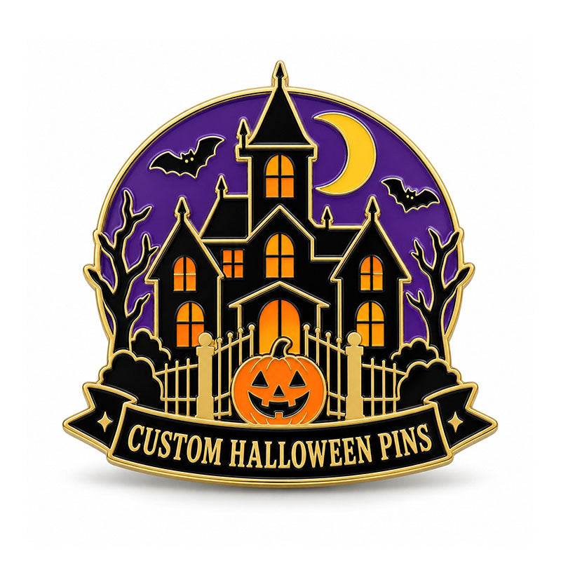 Gold Halloween pin with haunted house, crescent moon, bats, pumpkin, and purple sky
