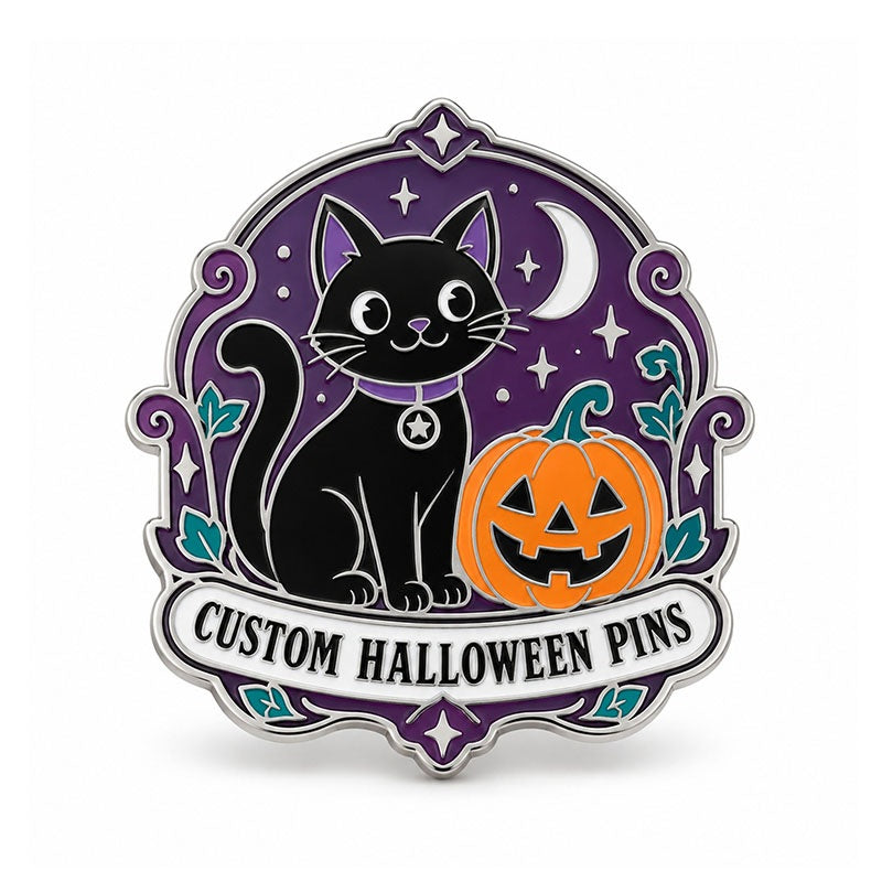 Silver Halloween pin with black cat, orange pumpkin, crescent moon, and purple enamel