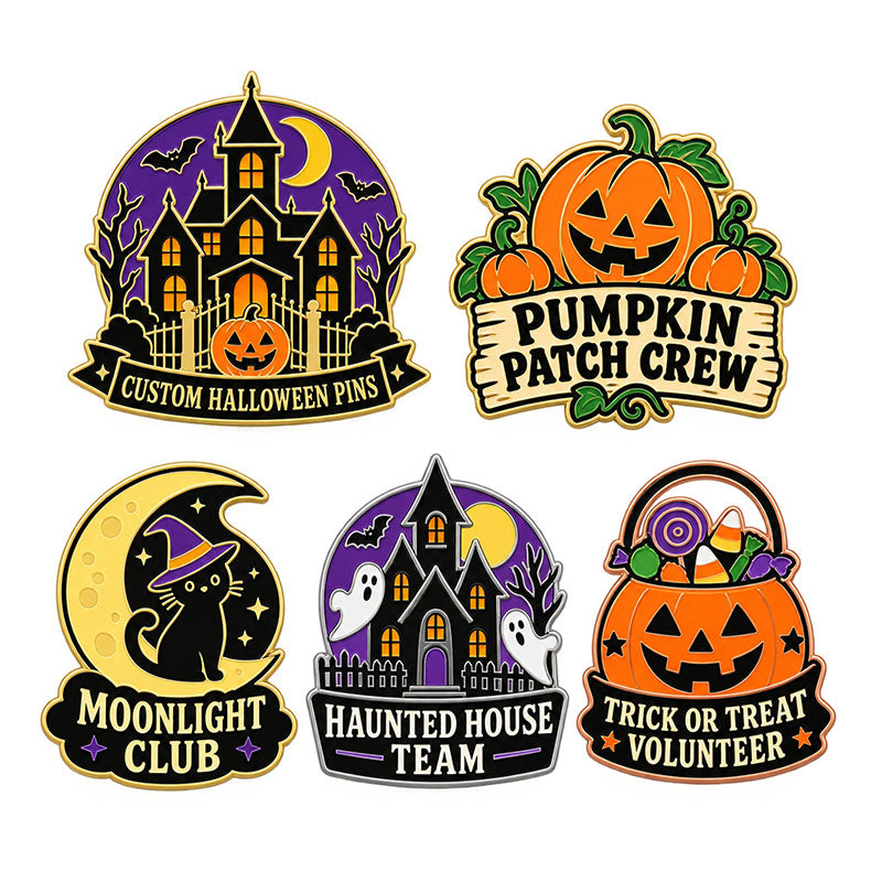 Five Halloween pin designs featuring haunted houses, pumpkins, black cat, and candy