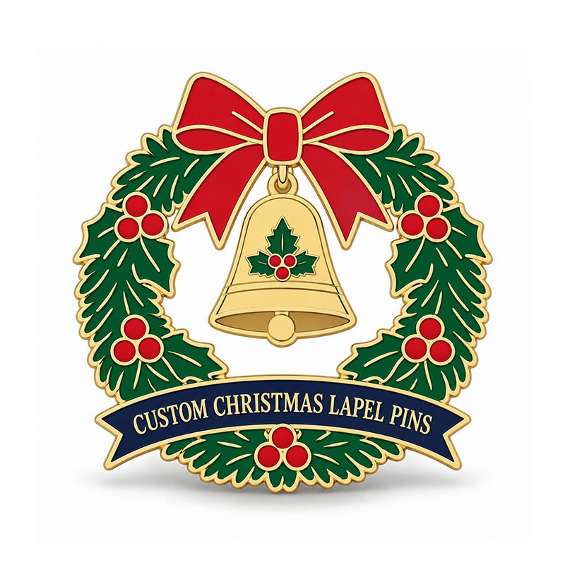 Gold Christmas lapel pin with green wreath, red bow, holly berries, and hanging bell