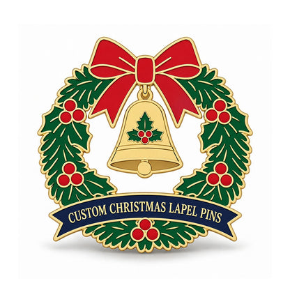 Gold Christmas lapel pin with green wreath, red bow, holly berries, and hanging bell