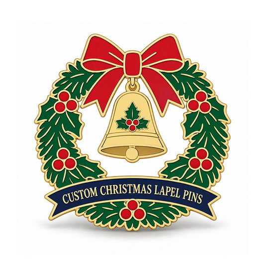 Gold Christmas lapel pin with green wreath, red bow, holly berries, and hanging bell